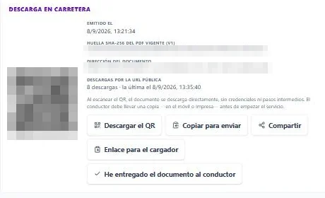 Ficha de un documento de control en EuroDeCA: código QR, hora de emisión sellada, huella SHA-256 del PDF vigente y descargas registradas por la URL pública