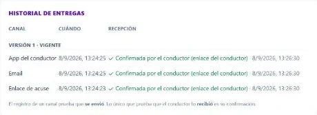Historial de entregas de un documento de control: app del conductor, email y enlace de acuse, cada uno con su hora y la confirmación del conductor