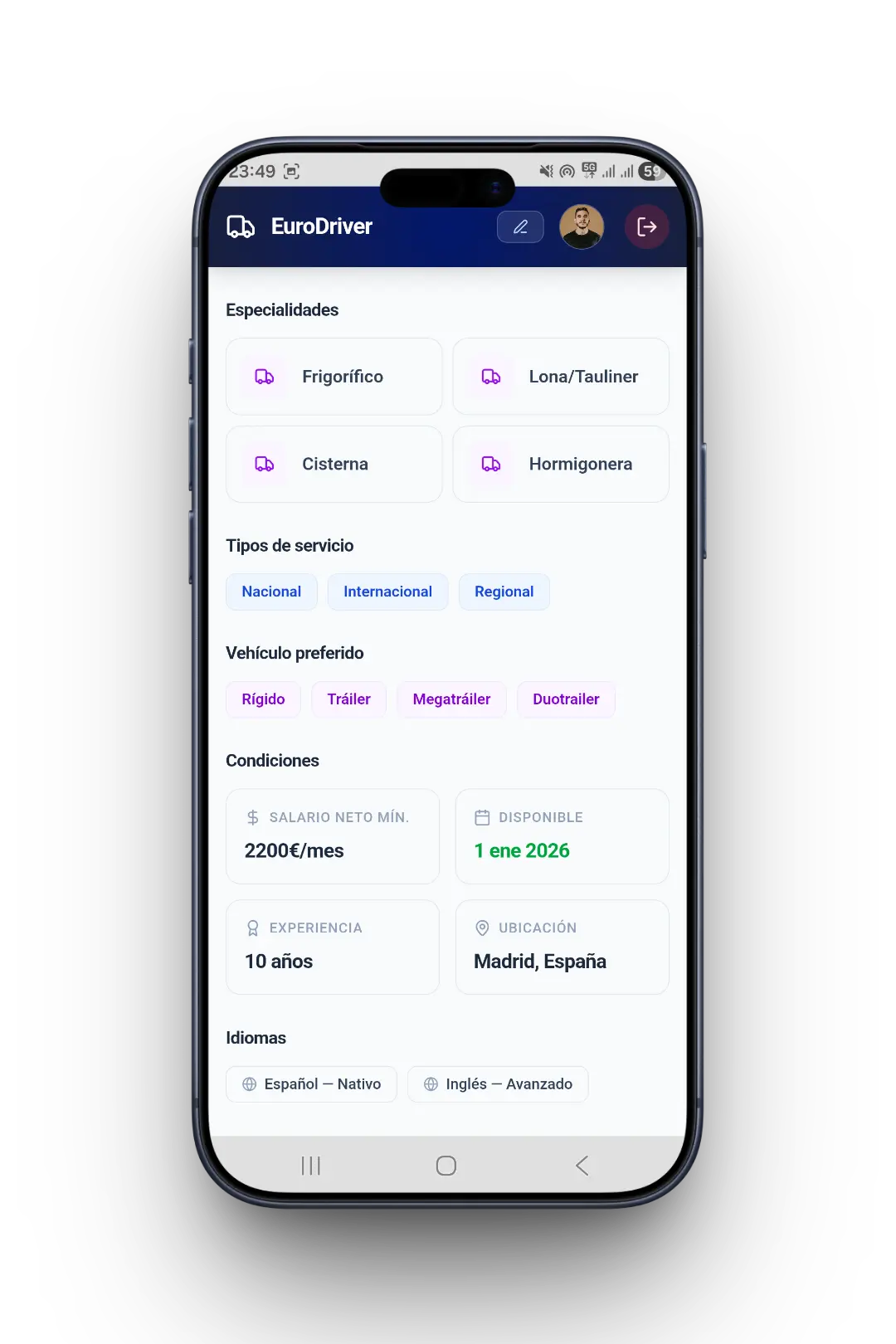 Pantalla de configuración de perfil en EuroDriver