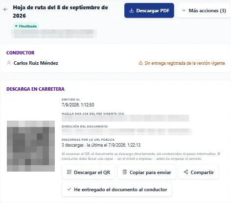 Ficha de una hoja de ruta en EuroHeRU: código QR, hora de emisión sellada, huella SHA-256 del PDF vigente y descargas registradas por la URL pública