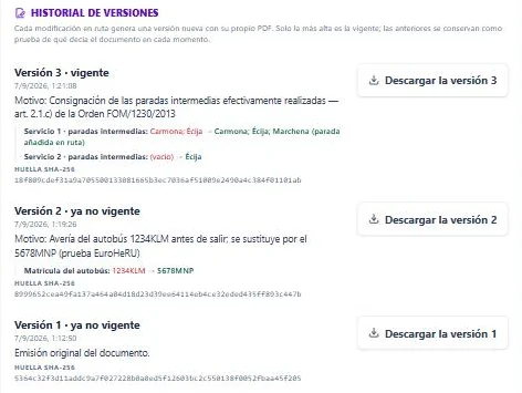 Historial de versiones de una hoja de ruta en EuroHeRU: versión 3 vigente con las paradas realizadas, versión 2 por avería del autobús y versión 1 original, cada una con su huella SHA-256