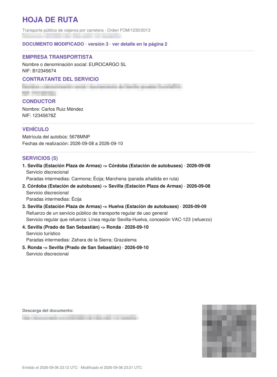 PDF de una hoja de ruta generado por EuroHeRU: empresa transportista, contratante, conductor con NIF, matrícula, fechas, cinco servicios con su clase y paradas, y el código QR de descarga