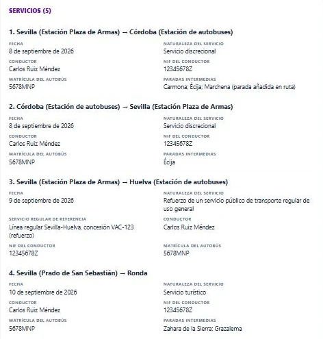Cinco servicios en una misma hoja de ruta en EuroHeRU: discrecional, refuerzo de un regular con su concesión de referencia y turístico, cada uno con su fecha, conductor, NIF, matrícula y paradas