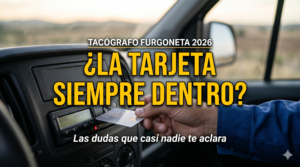Conductor introduciendo la tarjeta de conductor en el tacógrafo digital de una furgoneta